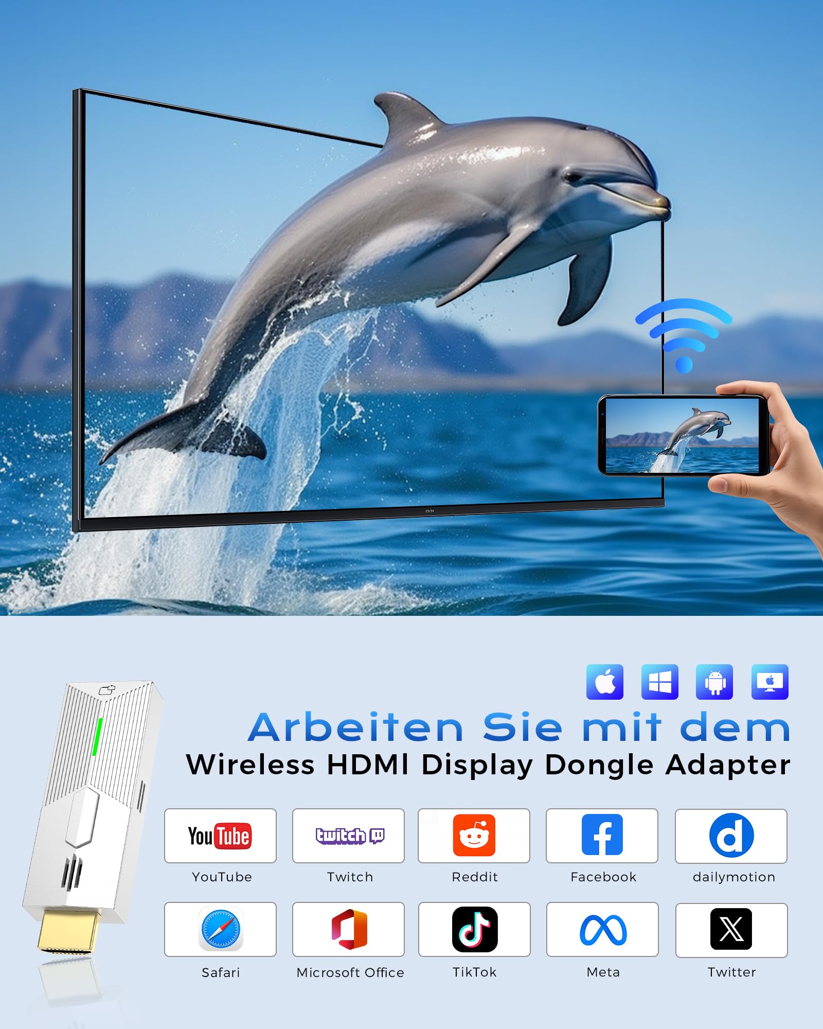 Wireless Display Dongle Adapter HDMI 1080P@60Hz, 5GHz AirPlay/Miracast für TV/Projektor (kompatibel mit Smartphone, Tablet, PC/Mac)