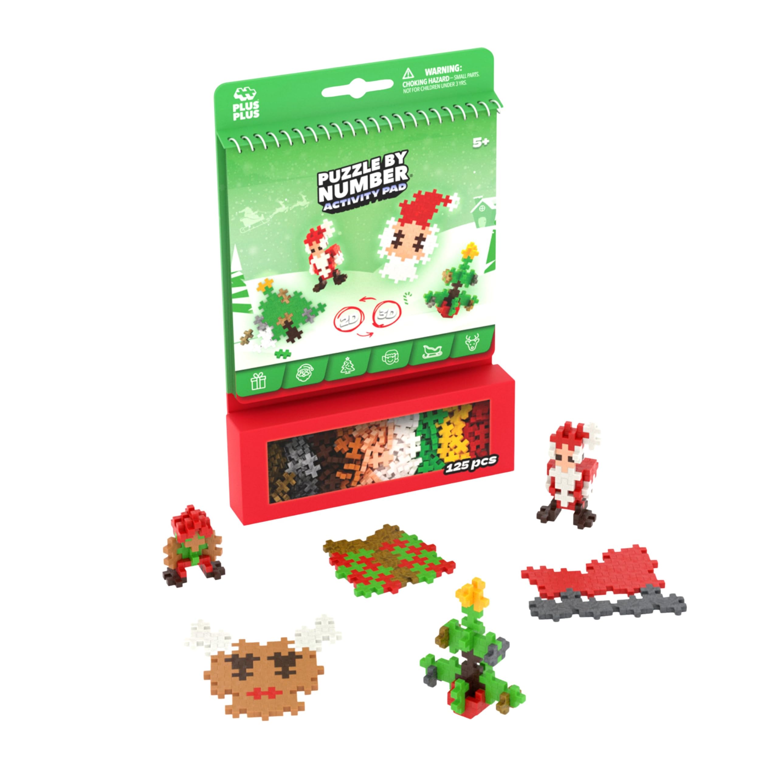 Plus Plus Festive Toys - Christmas Building Blocks Puzzle By Number Scenes, Fun Holiday Creativity, Compact & Travel-Friendly, 12 Pages, 125 Pieces in Attached Storage, Girls and Boys Toys Age 5 Plus โ image 1