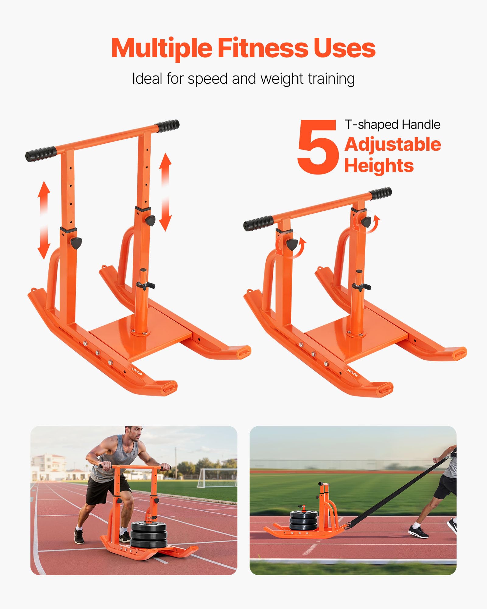 VEVOR Slitta con Pesi, per Dischi 25 e 51 mm Slitte per Allenamento Fitness per Migliorare Velocità negli Esercizi Atletici, Attrezzatura per Allenamento con Maniglia Regolabile in Altezza, Arancione