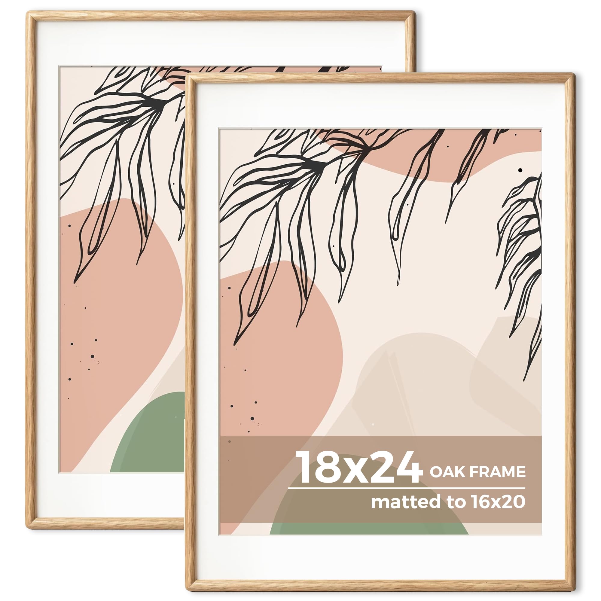 Axeman 18x24 Oak Frame Set of 2 - Rounded Corner 18 x 24 Picture Frame Matted to 16x20 - Natural Oak Wood 24x18 Poster Frame with Tempered Glass for Wall Mount Display
