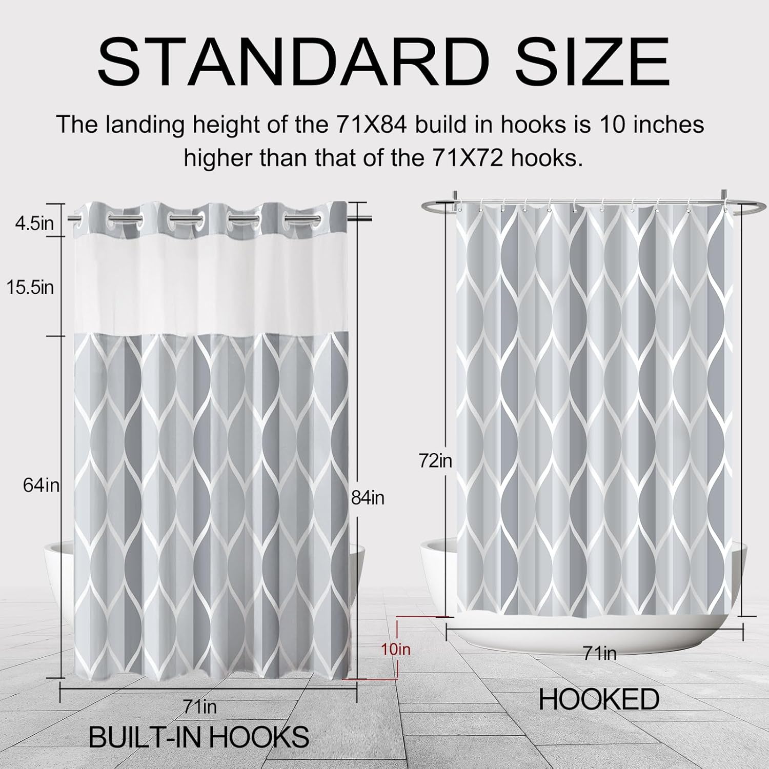 No Hook Shower Curtain and Liner Set, Grey Modern Geometric Waterdrop Shower Curtains for Bathroom, Hotel Style Waterproof Bathroom Curtain Set with See-Through Mesh Top Window, 71x84 Inches