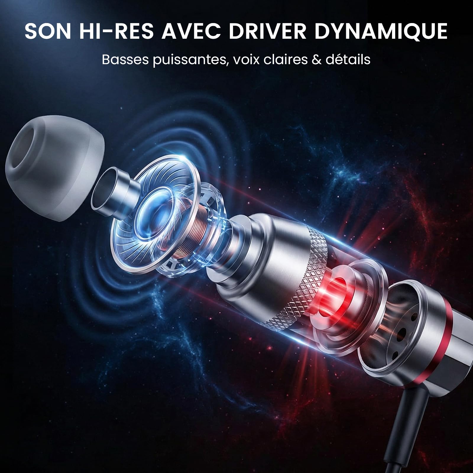 HIFI WALKER Écouteurs Filaires Jack 3,5 mm Hi-FI, Intra-Auriculaires Double Driver Hybride, Coque Aluminium, Isolation Passive, Casque Filaire pour Lecteur MP3, PC et Tablette