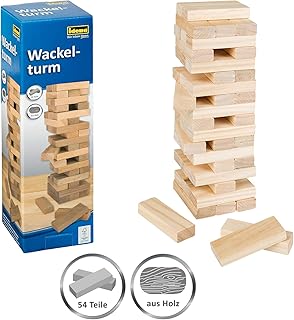Idena 6060013 - Wackelturm, Geschicklichkeitsspiel mit 54 Bausteinen aus Holz, ca. 8 x 8 x 26 cm groß, Spielspaß für die g...