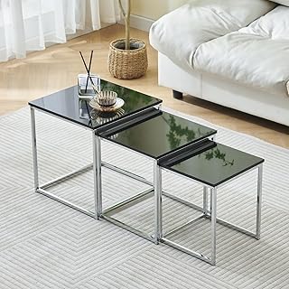 Nest of Tables Set of 3,High Gloss Black Nesting Tables Wood Side Table End Tables Coffee Table with Square Top&Metal Frame for Small Space Living Room Bedroom Office