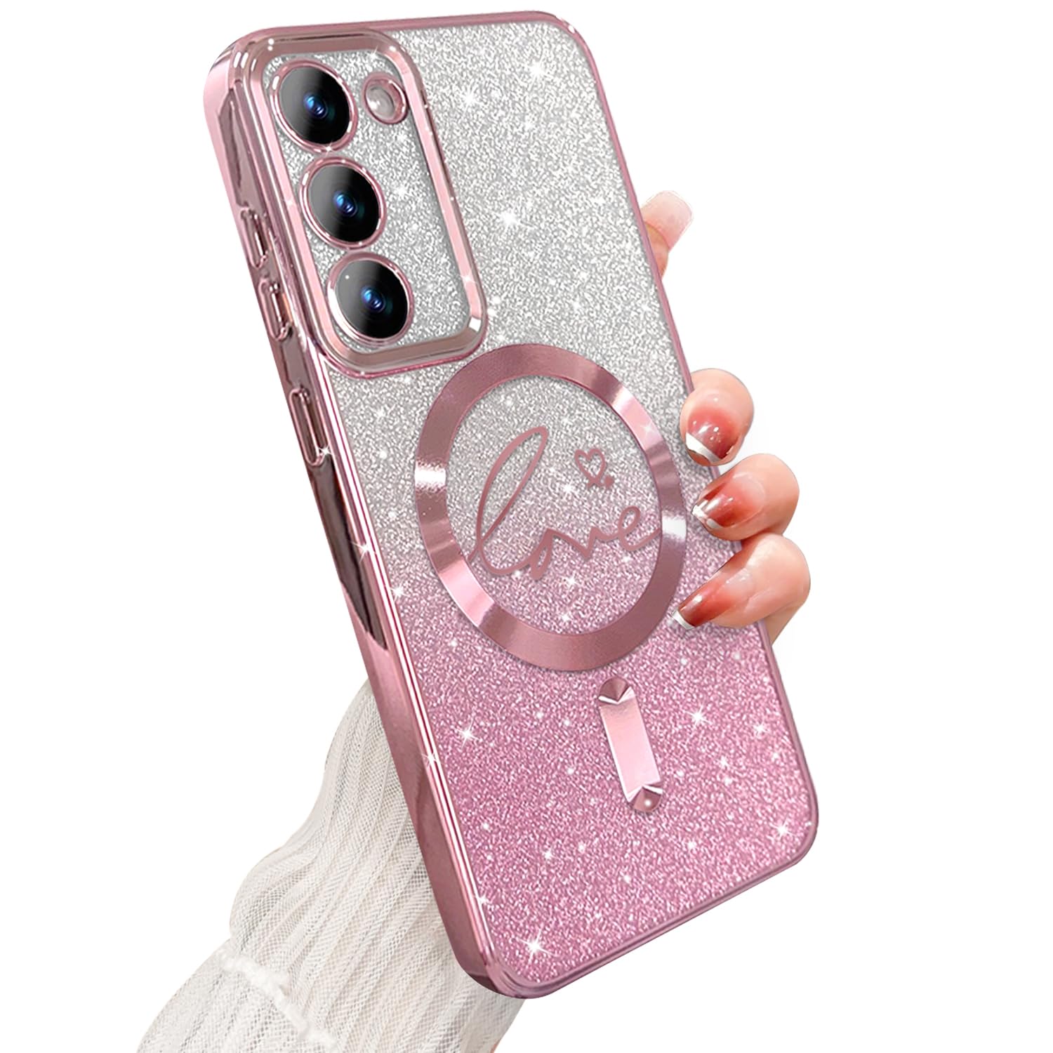 ZONRW for Samsung Galaxy S23 Plus Case Magnetic,for Women Girl Soft Cute Luxury Love Heart Plating Bling Gradient Glitter Phone Case Compatible with