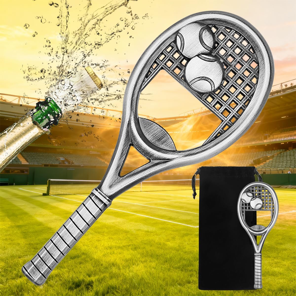 Tennis Racket Bottle Opener, Funny Beer Opener with Gift Bag, Christmas Gifts Fathers Birthday Gifts for Men Women Dad Husband Sports Lover, Sports Theme Gifts Beer Gifts for Home Bar, Silver image 2