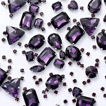 Sew on Rhinestones, 148PCS Mixed Shapes Sewing Glass Crystal Gems Metal Flatback Claw Rinestones for Crafts,Clothes,Jewelry,Earring,Shoes,Dress,Belt DIYDark Purple