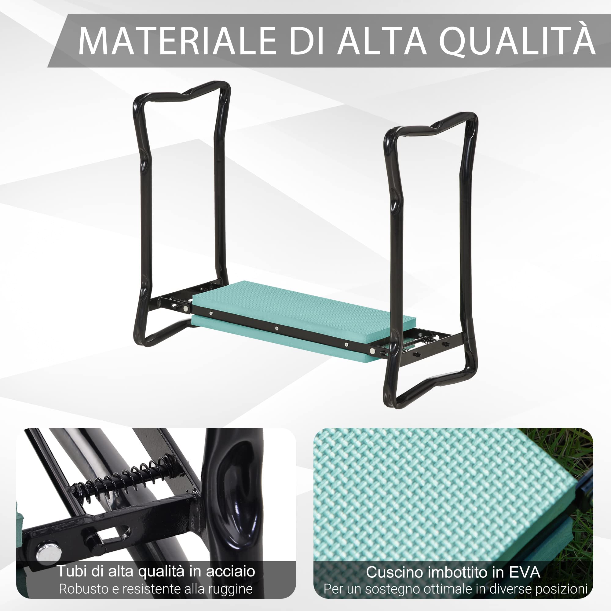 Outsunny Sedia Inginocchiatoio Pieghevole, 58x28x49 cm, Verde e Nero | con Cuscinetto Imbottito, Panca da Giardino, in EVA e Acciaio
