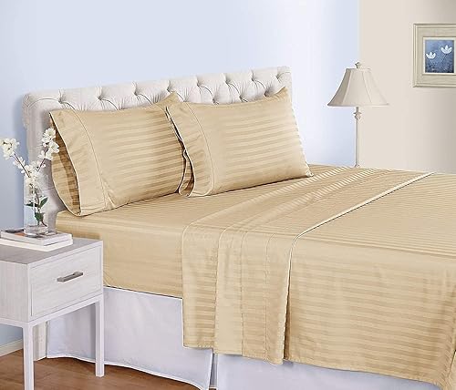 Miniatura 3 de Juego de sábanas de 4 piezas de 100 % algodón peinado de 800 hilos, tamaño California King, con bolsillo profundo de 6 a 10 pulgadas (rayas, beige)