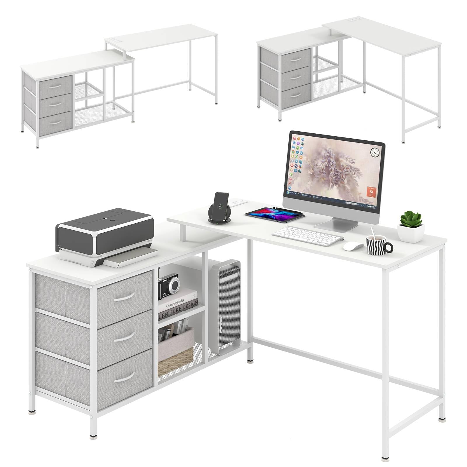 SFARESTL-Shaped Computer Desk, 2-In-1 Convertible Corner Desk Study Work Writing Table with Charging Station, Drawers & Shelves, 140CM Large Home Office PC Laptop Workstation (White + Gray)