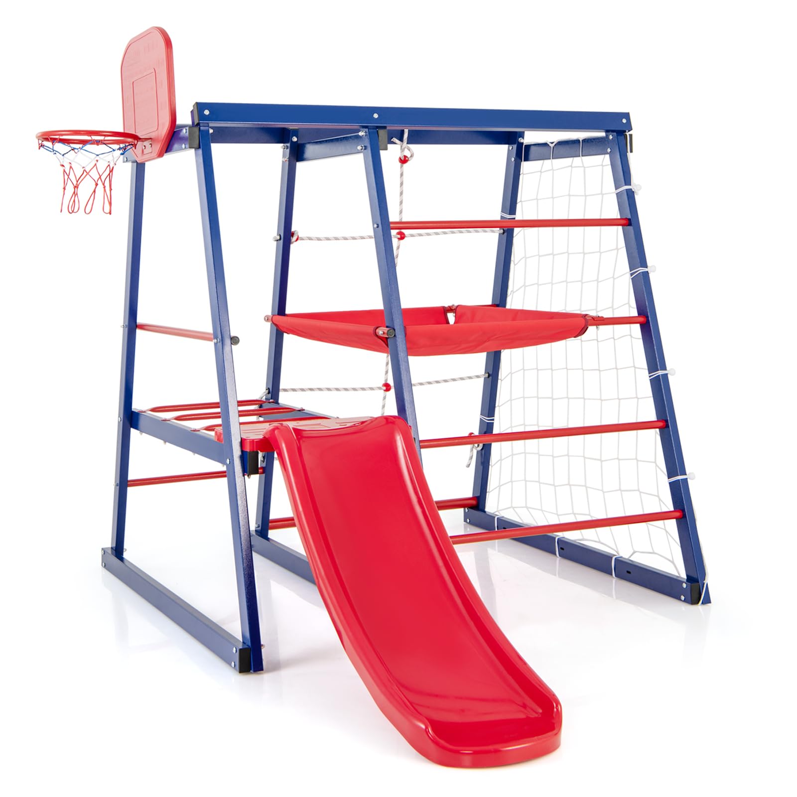 HOMASIS Parco Giochi per Bambini da Esterno con Scivolo, Scala per Arrampicarsi, Scala a Corda, Rete da Calcio, Canestro da Basket, Piattaforma in Tessuto, per Bambini da 3 a 7 Anni, 150x142x146cm