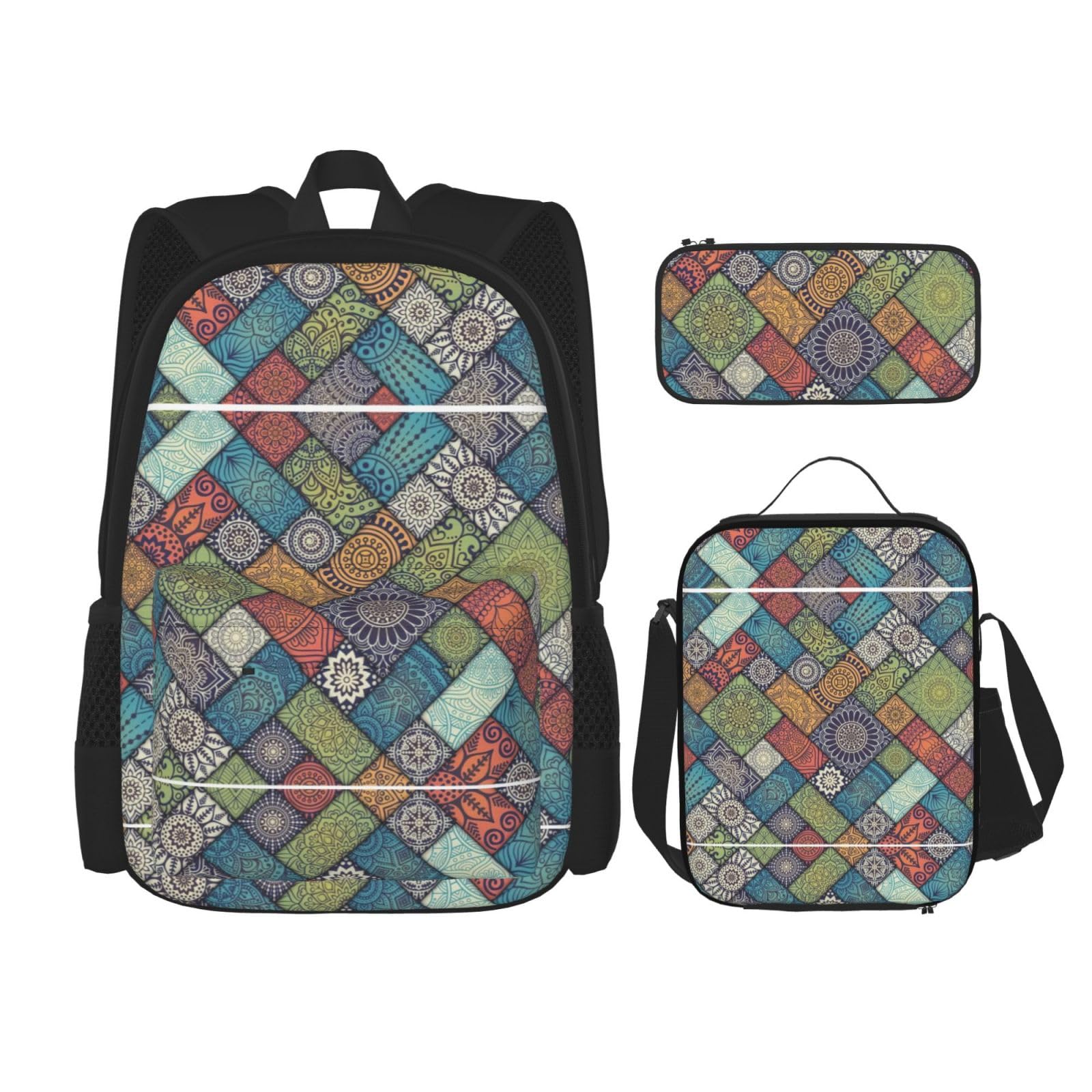 Sac à dos lunch bag crayon case ensemble 3 en 1 noir géométrie