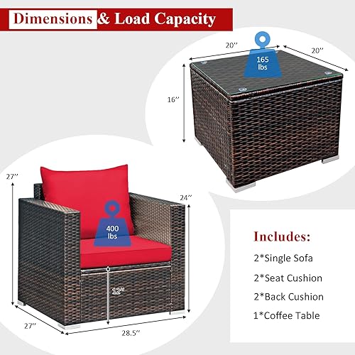 Miniatura 5 de Tangkula Juego de muebles de patio de 3 piezas, juego de muebles de ratán para conversación al aire libre con cojín lavable y mesa de vidrio