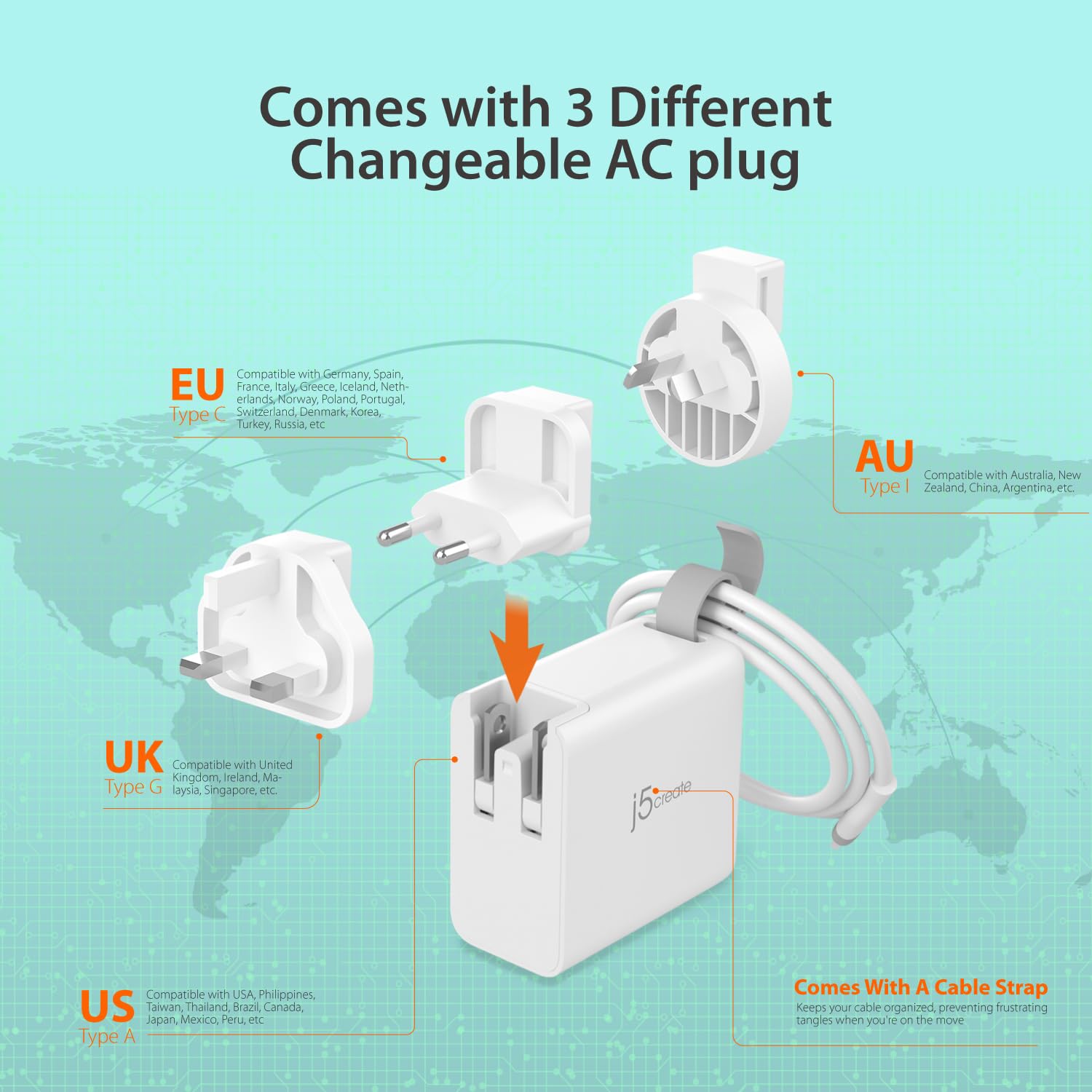 j5create Chargeur USB-C 3 Ports 65W GaN