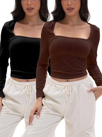 Womens Square Neck Sexy Long Sleeve Slim Fit Cropped T Shirts
