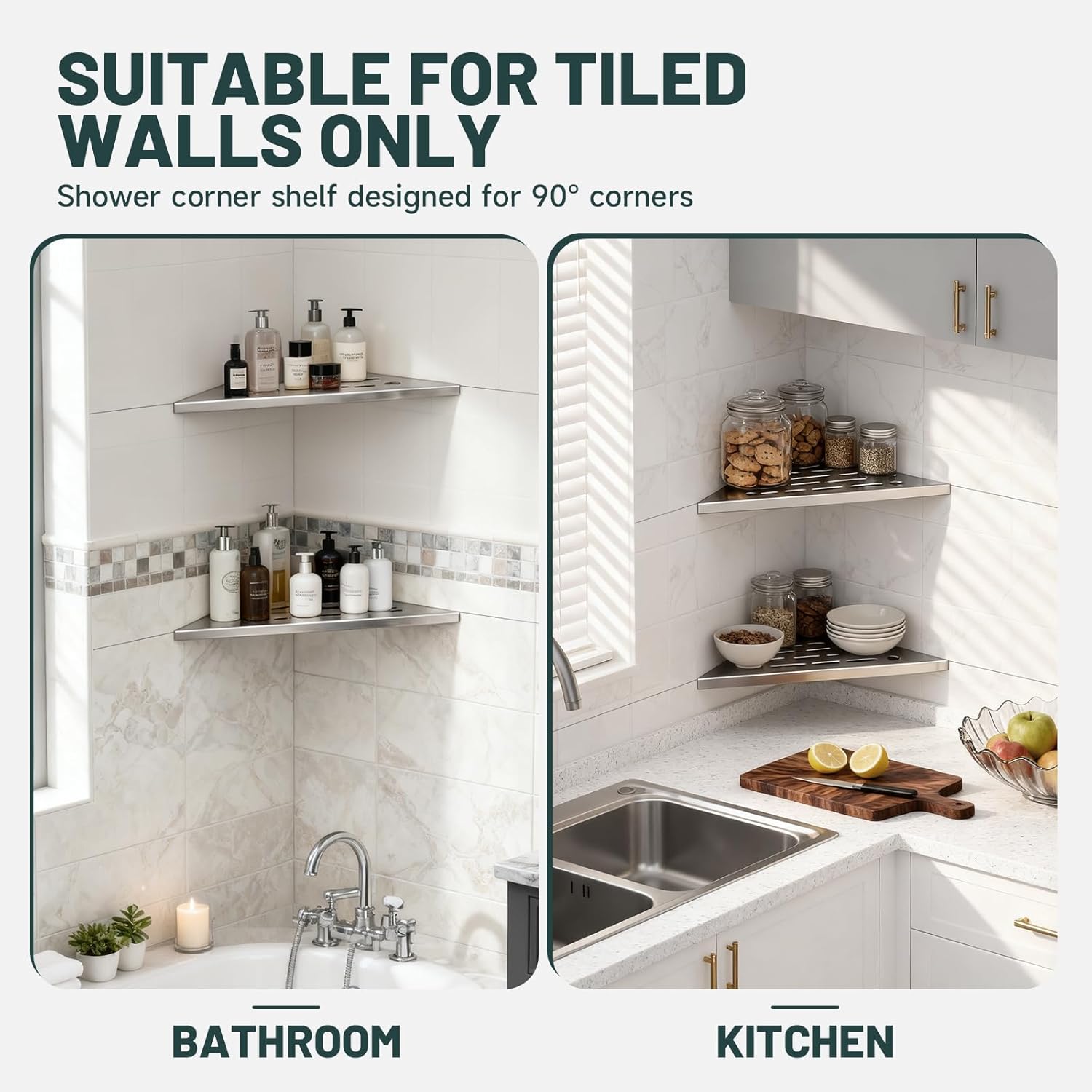 10" Corner Shower Shelf, 304 Stainless Steel Slot Design Bathroom Shower Shelf, Recessed Corner Shelves for Tiled Wall, 2 Pack, Brushed Nickel