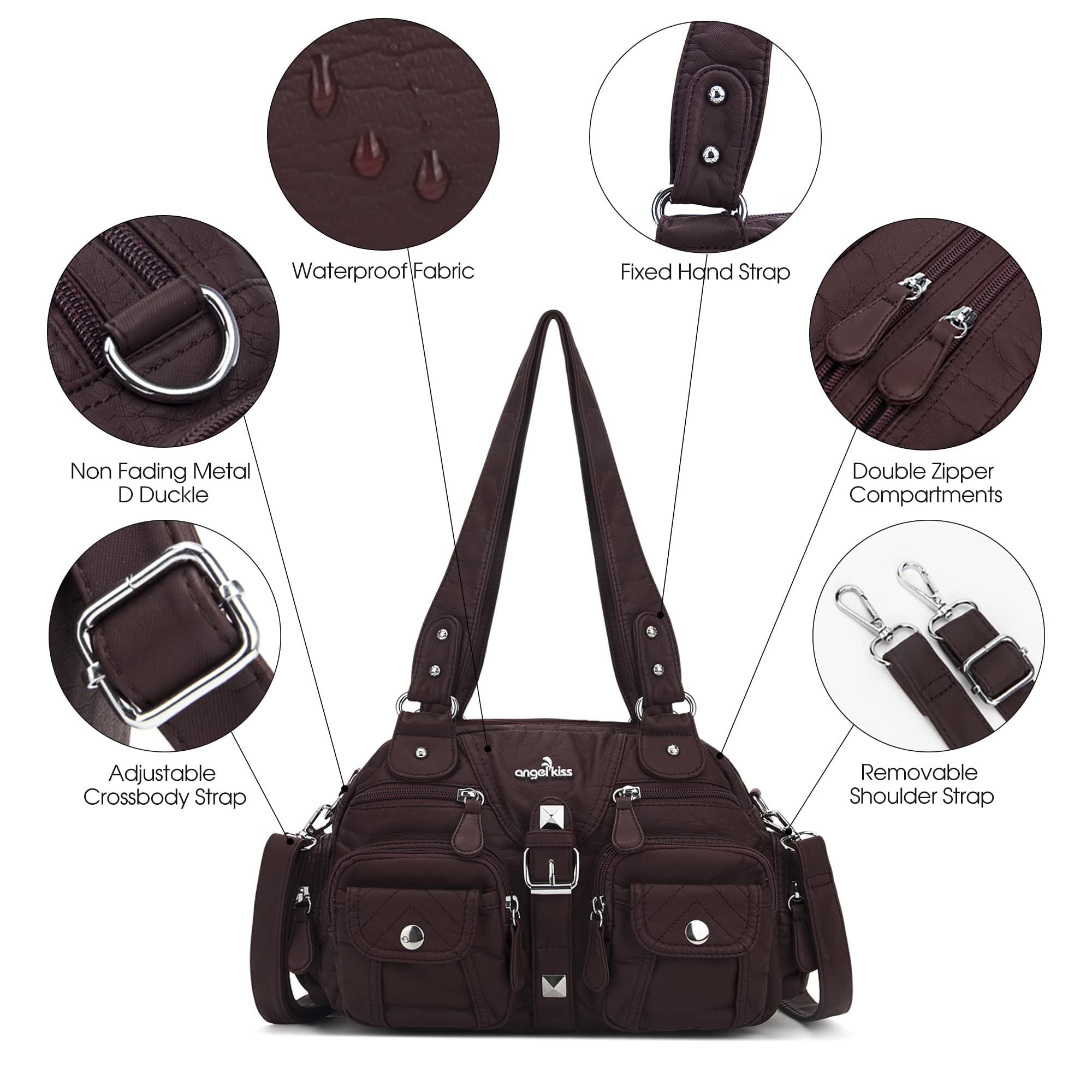Angel Kiss Hobo - Borsa a tracolla da donna, multitasche, morbida, con tracolla rimovibile, in pelle