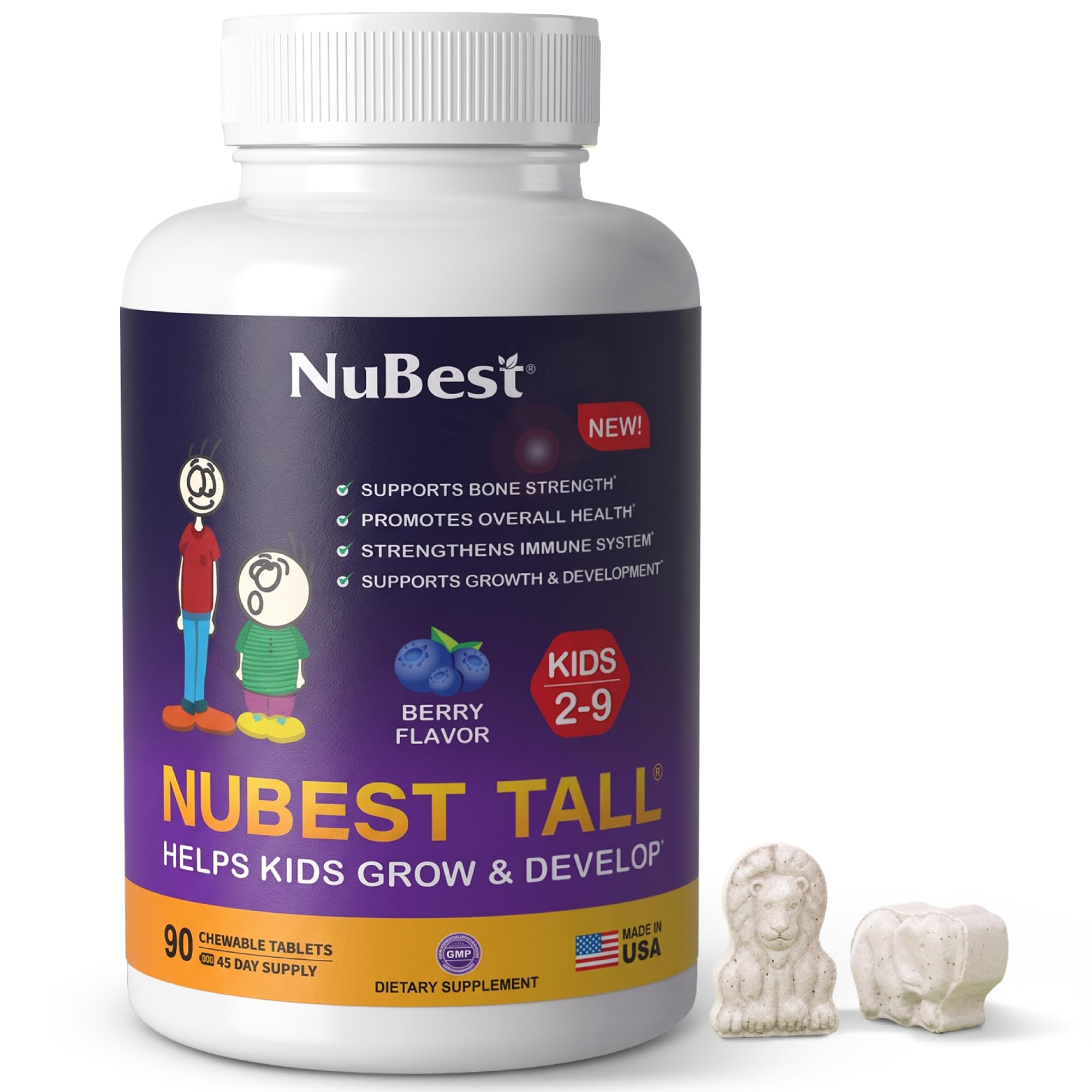 NuBest Tall Kids Growth Support Vitamins, Ages 2-9, 90 Chewable Tablets