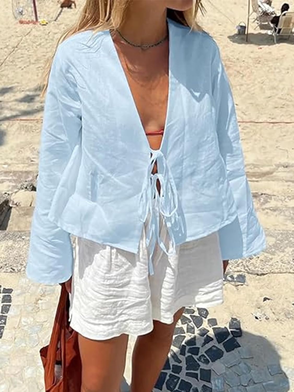 Chvity Tie Front Tops for Women Y2K Linen Shirts Flare Sleeve V Neck Going Out Coquette Clothes Casual Lace Up Bow Blouses - Image 4