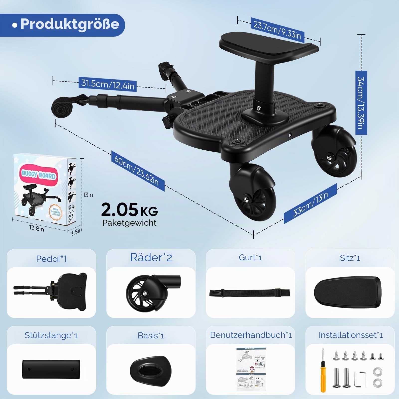 Buggy Board, Kinderwagen Trittbrett, Universal für alle Kinderwagen, Trittbrett Kinderwagenzubehör für Kinder von 2-6 Jahren, max. Belastung von 25kg, schwarze Räder