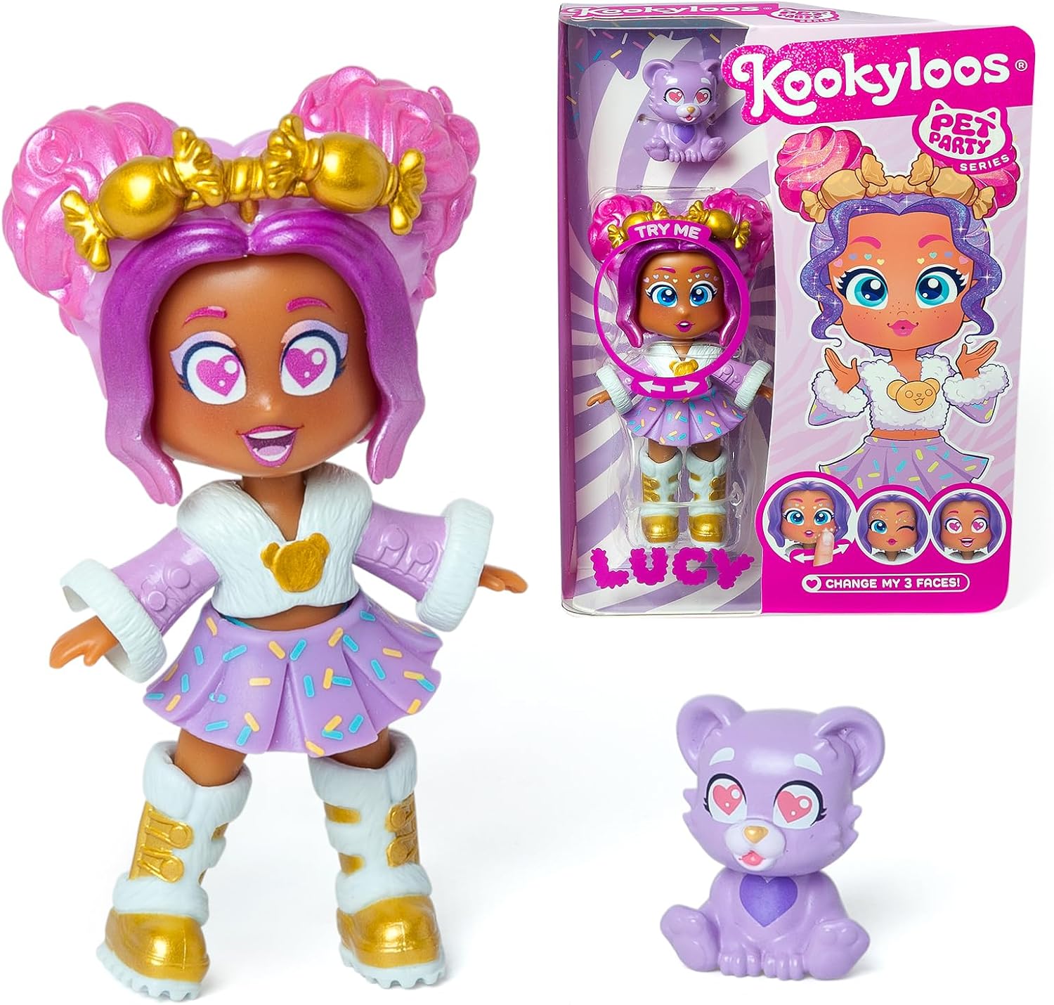 KOOKYLOOS Pet Party Lucy Lucy Doll with Bear Cub Pet. Includes Lucy, 1 Pet, Fashionable Outfit and Shoes, 1 Accessory. 3 Different Faces!