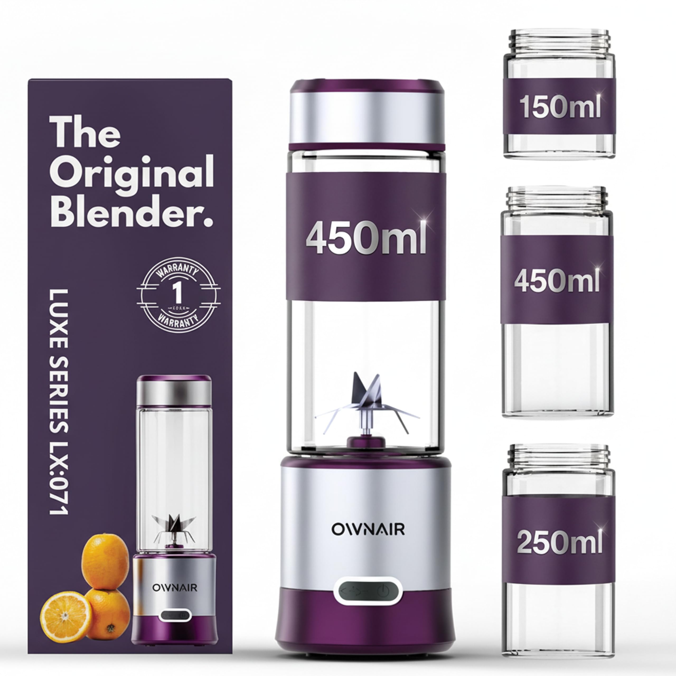 OWNAIR Portable Blender | 240W 5000mAh Rechargeable Blender For Smoothies And Juices |BPA free 450ml + 250ml &150ml High Borosilicate Glass Jar Purple/Grey | Blend Fresh Smoothies Anywhere, Anytime