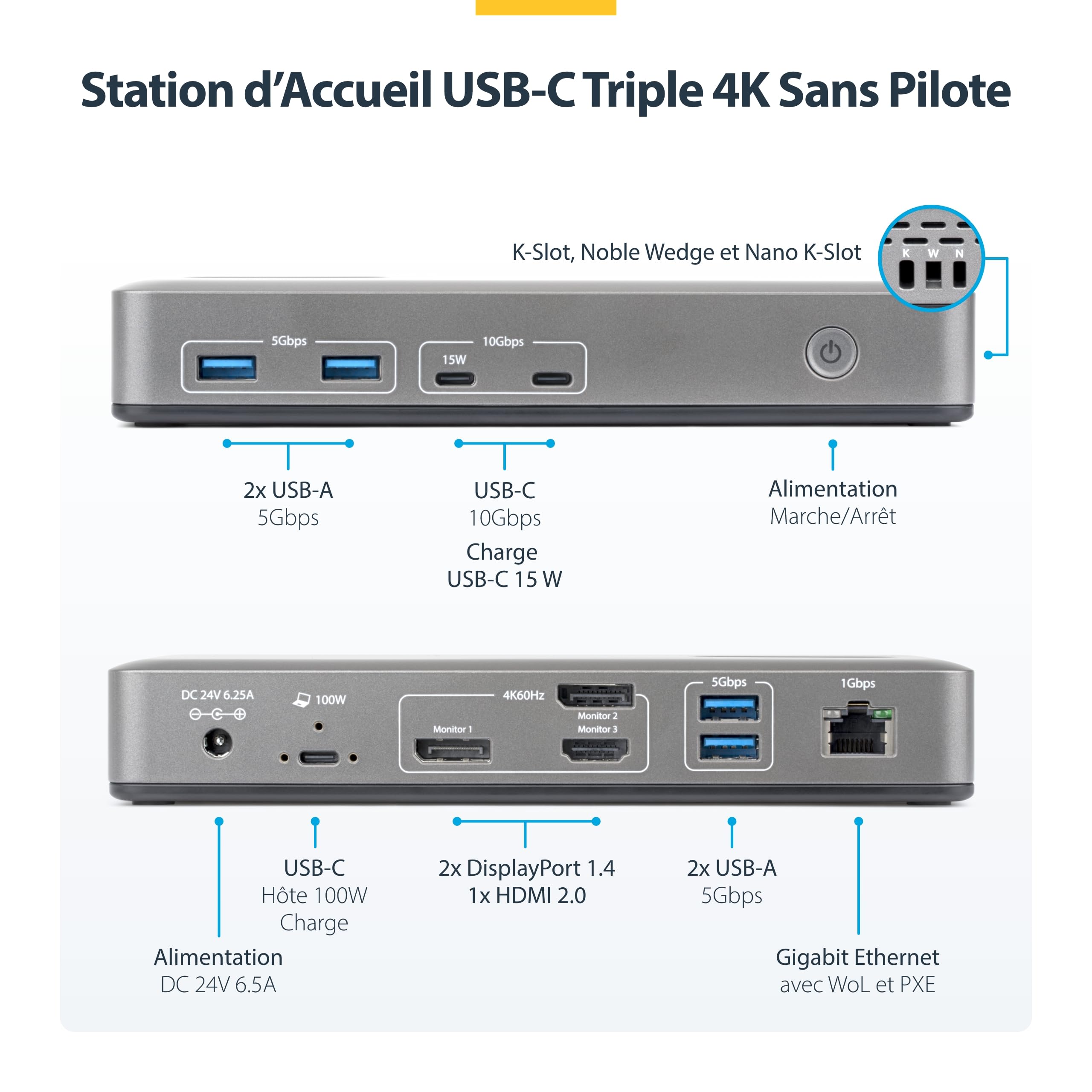 StarTech Dock USB-C Windows sans Pilote, Triple 4K, DP/HDMI, 100W, 6X USB