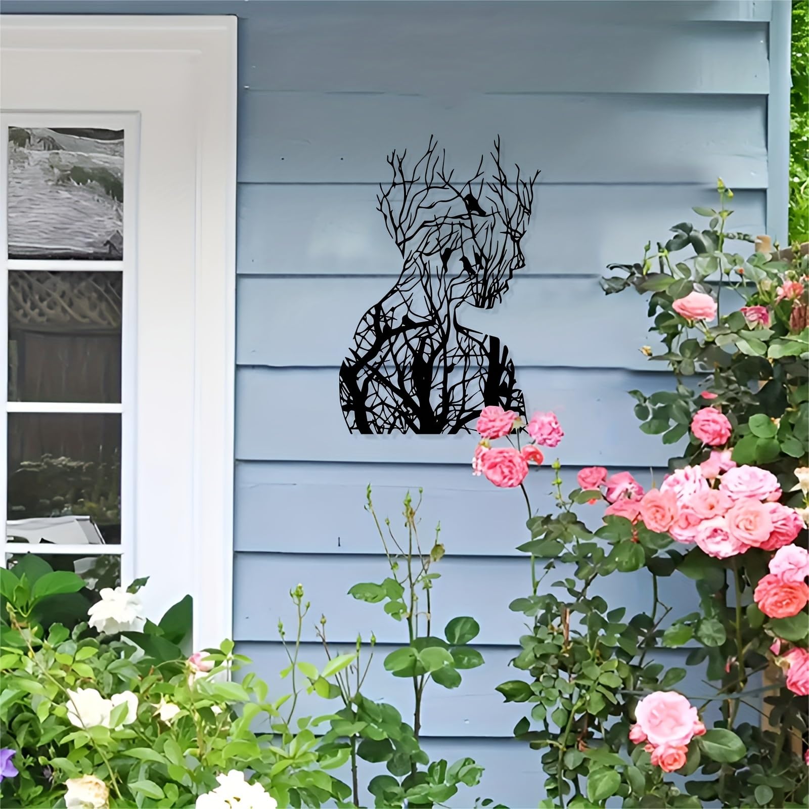 Decoración de pared abstracta contemporánea de metal con rostro humano: escultura moderna de hierro con intrincado diseño de ramas y hojas, para interiores y exteriores, ideal para jardín, patio,