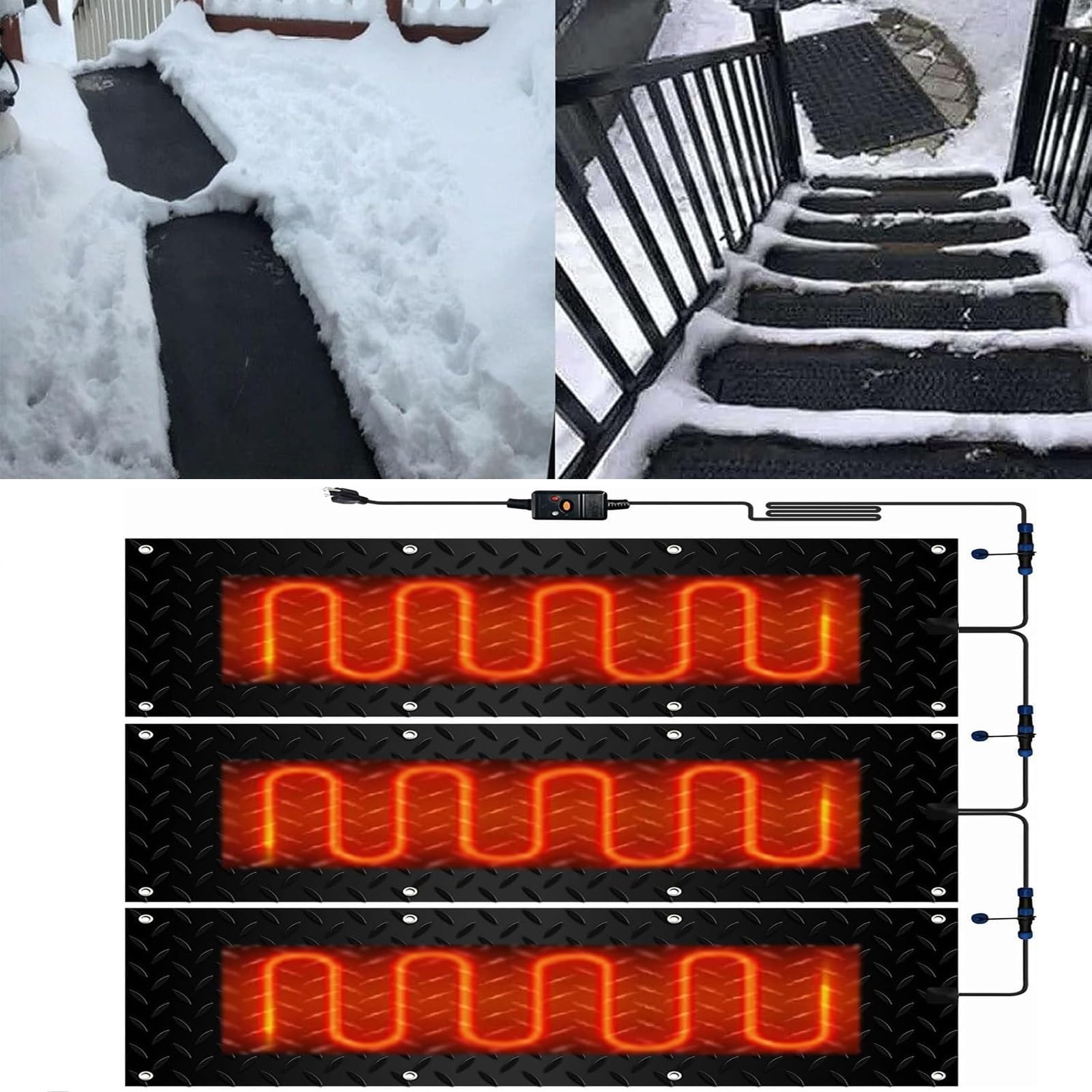Lot de 3 tapis de fonte de neige chauffants pour entrées, escaliers extérieurs, marches, portes, passerelles, trottoirs, allées (25,4 x 120 cm)