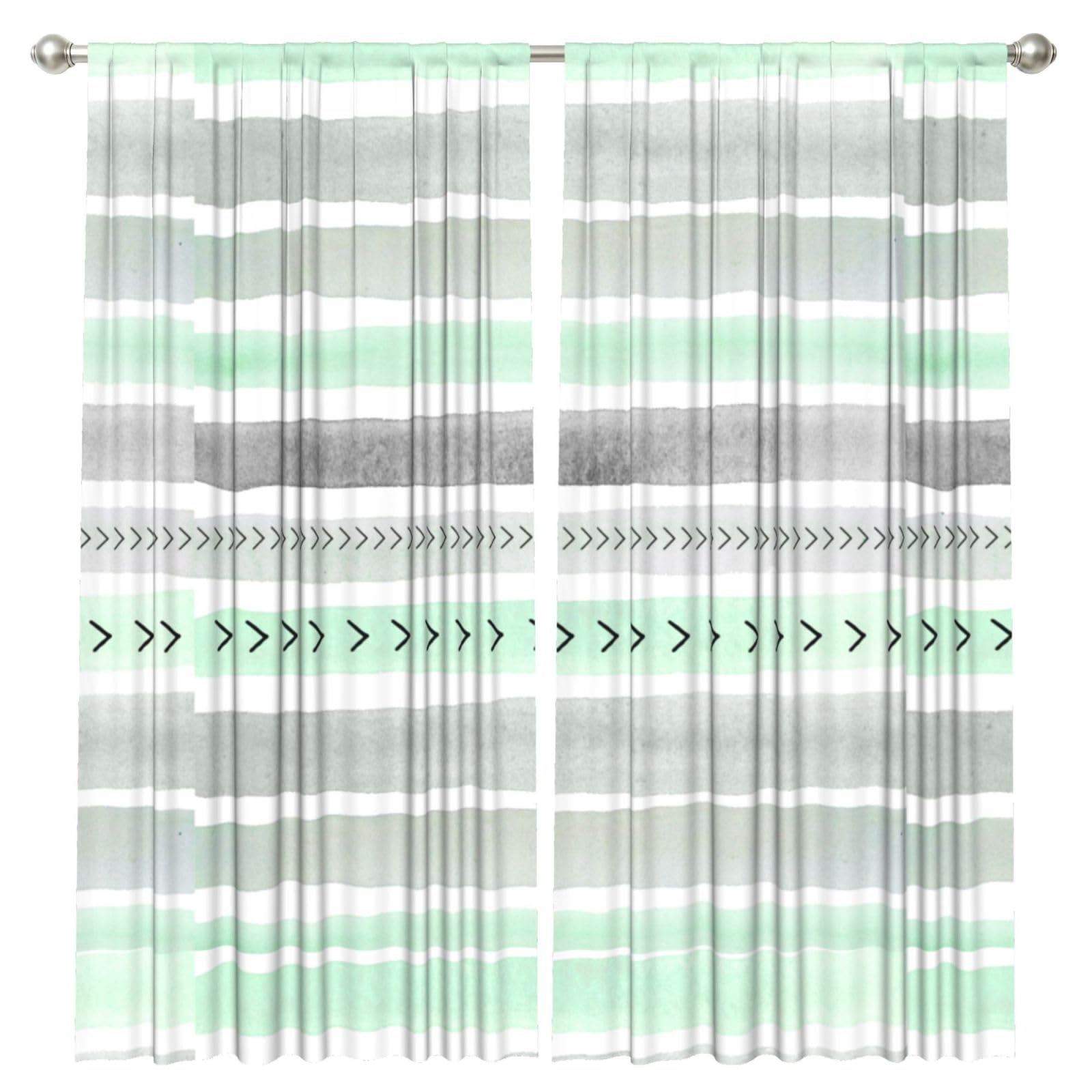 InOmak Mint Green Gray Watercolour Stripes, 2 Panels Window Curtains 52 x 84 Inch Blackout Curtains for Living Room Bedroom