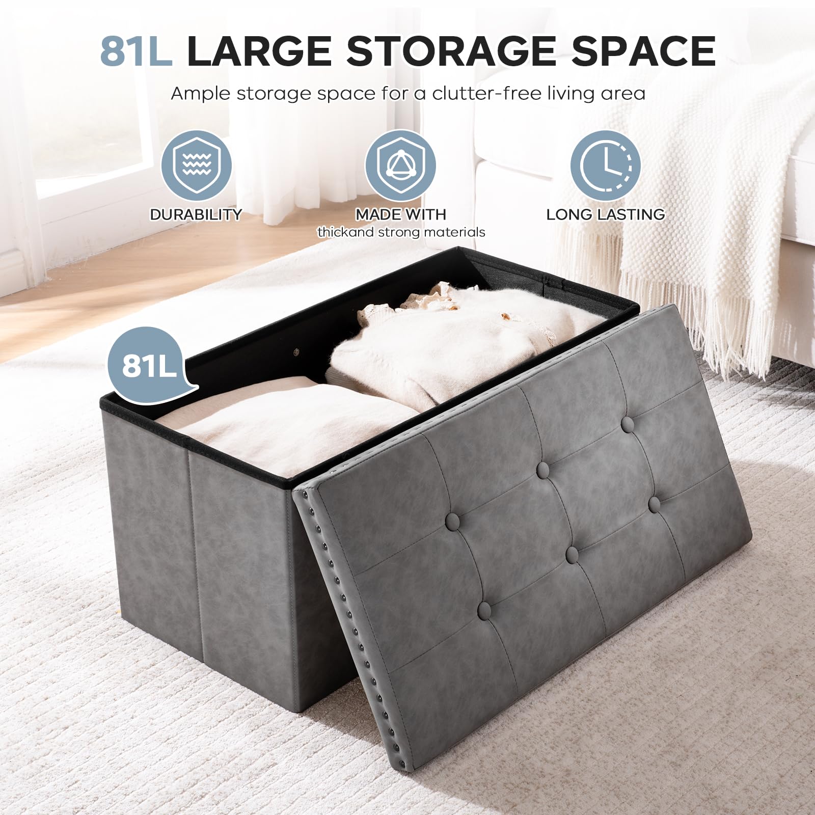 oakvivo Small 16 x 12 x12 Inches Folding Storage Ottoman, Faux Leather Foot Rest Stool with Rivet Design, Ottoman with Storage Vanity Stool Coffee Table for Living Room, Bedroom, Load 242 lbs, Green: Grey 15"D x 30"W x 15"H