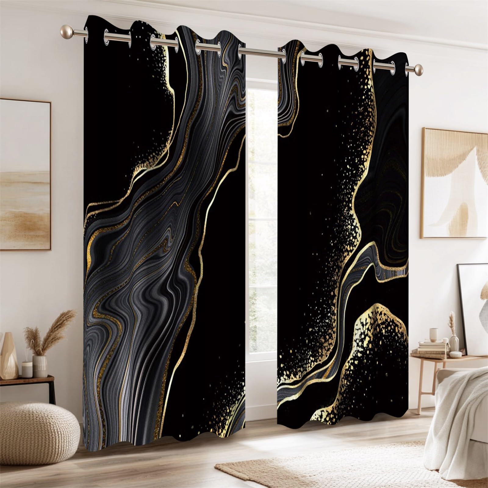 Ttincceer 117x183cm Black Marble Blackout Curtains for Bedroom Abstract Grey Gold Texture Marble Room Darkening Drapes Modern Art Luxury Window Curtain Thermal Insulated 2 Panels - Image 2