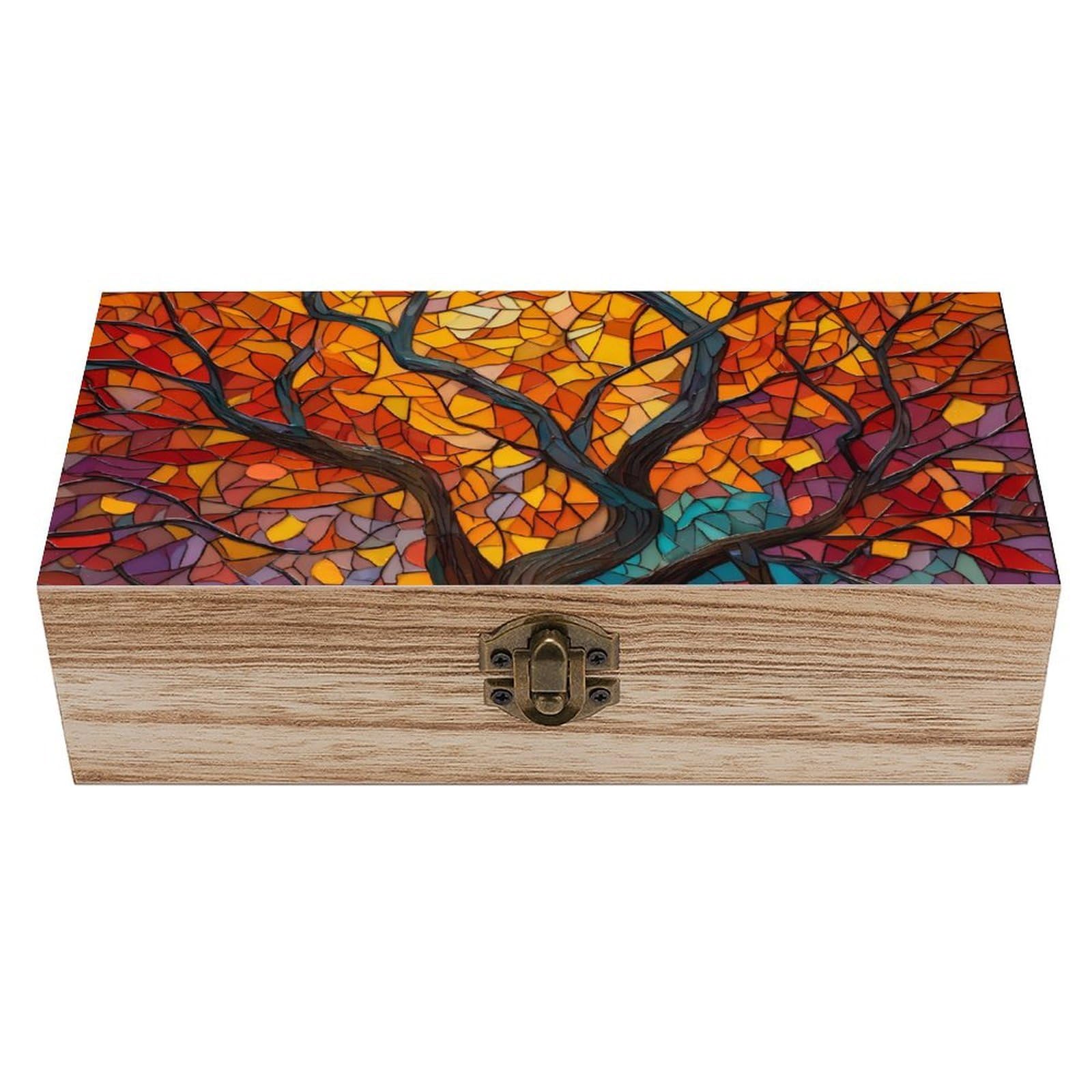 HLBSDM Tree Branches Leaves Stained Glass Wooden Storage Box Craft Memory Keepsake Treasure Chest Box Jewelry Organizer