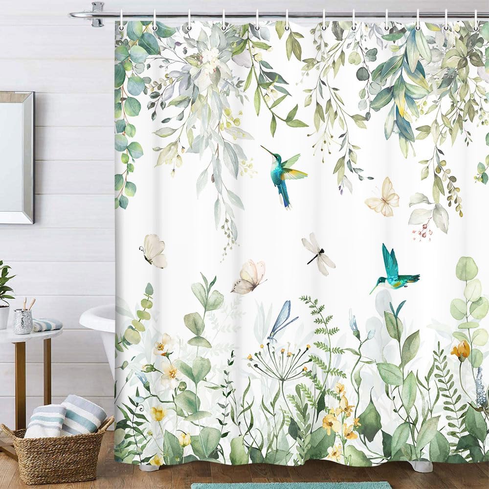 Torich Sage Green Eucalyptus Shower Curtain for Bathroom, Leaves Plant Floral Bathroom Decor Bath Curtains, Bird Leaf Botanical Waterproof Fabric Shower Curtain Set with Hooks 72x84 Inch