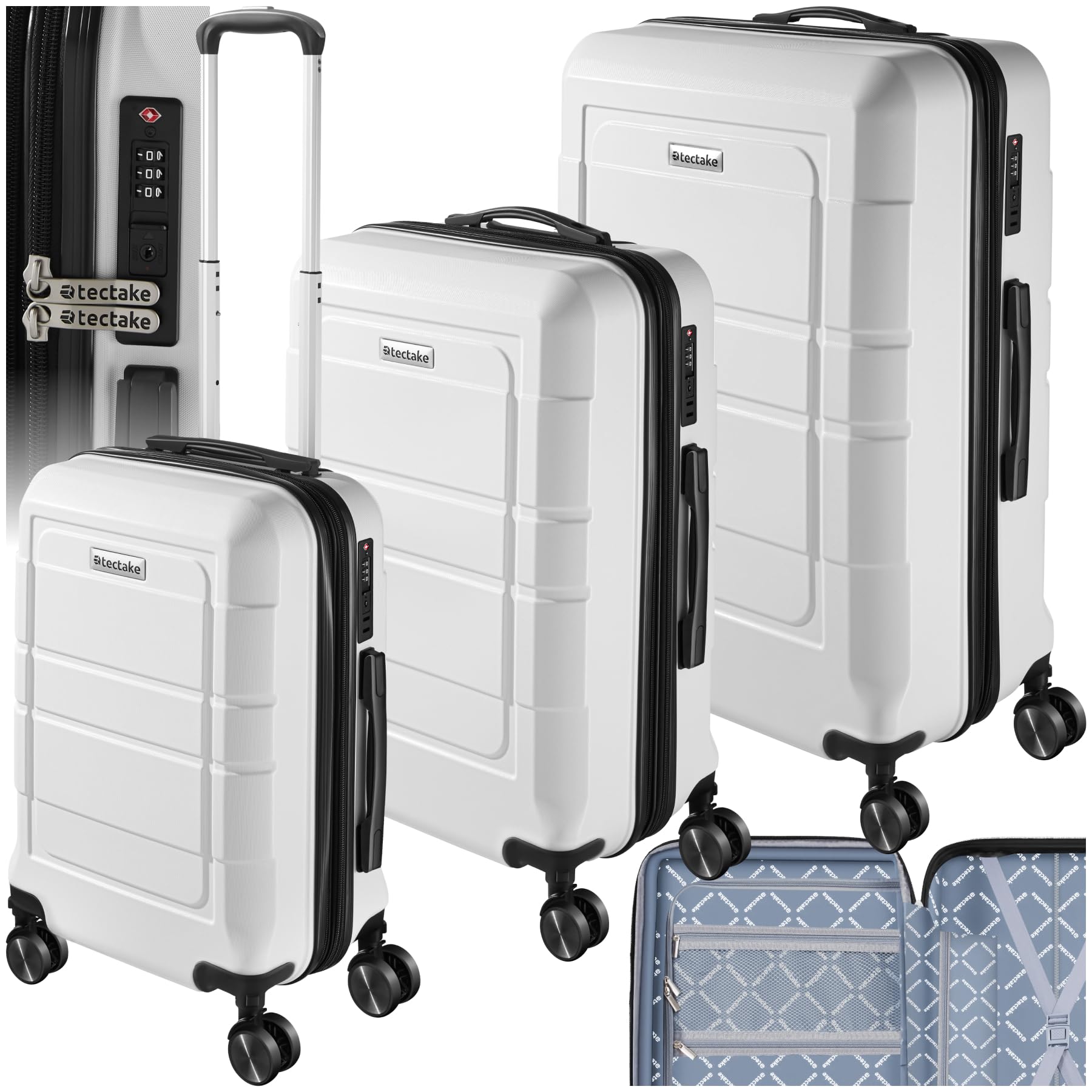 tectake® Juego de Maletas Apilables, 3 Piezas, Plástico ABS Resistente, Maletas de Viaje con Ruedas Giratorias 360°, Maleta Cabina, Maleta Mediana, Maleta Grande, TSA - Blanco