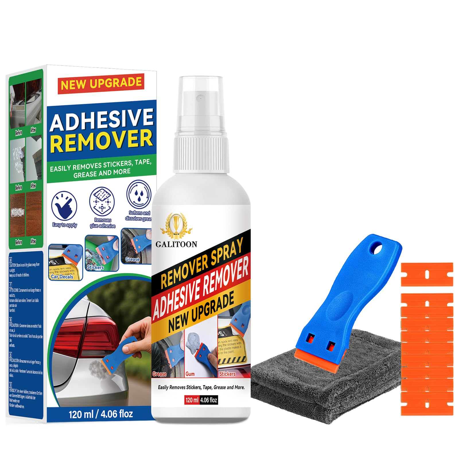 Adhesive Remover Sticker Remover Spray Surface-Friendly Formula Efficient Cleaning Performance Includes Plastic Scraper and Cleaning Cloth