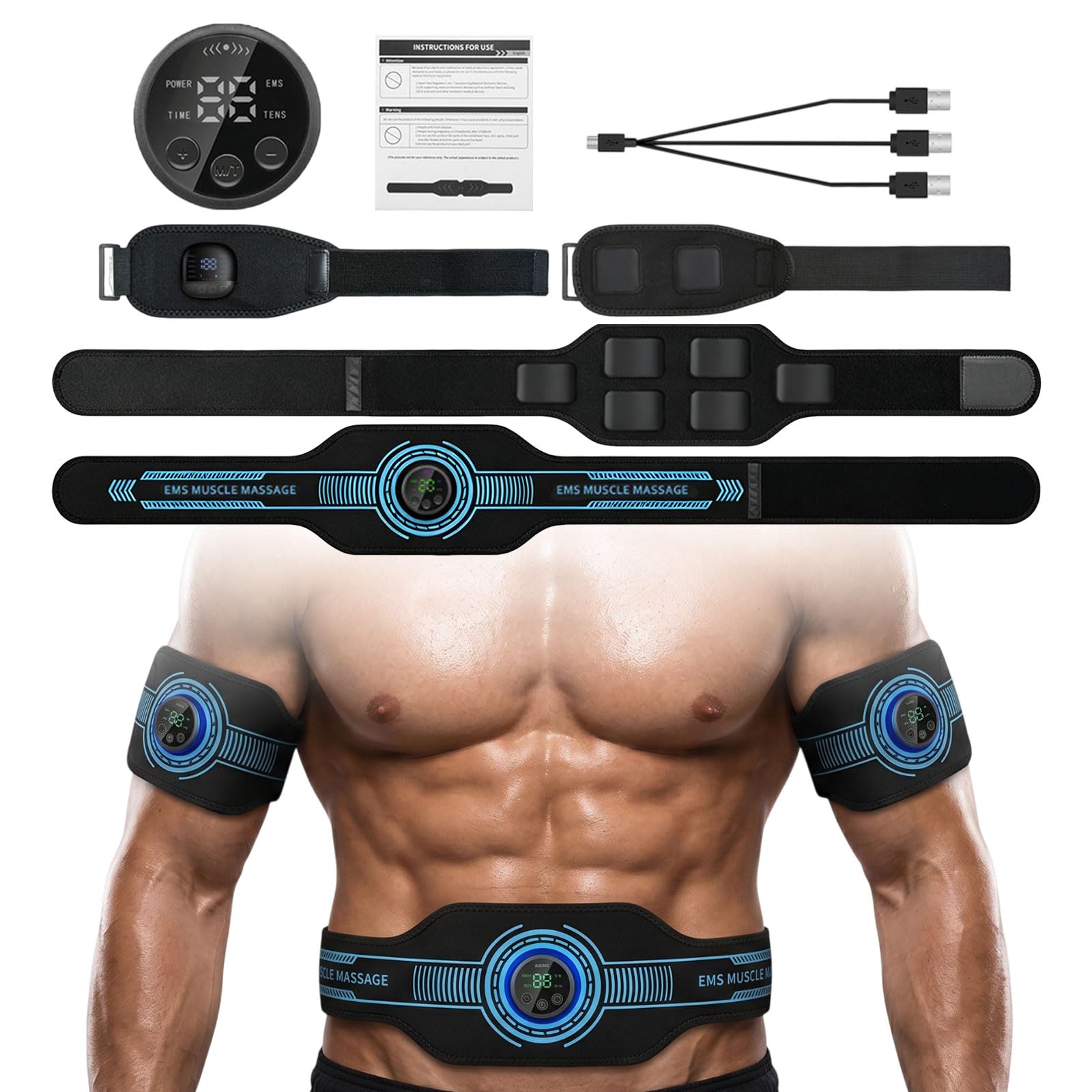 EMS Bauchmuskeltrainer, Bauchmuskeltrainer Elektrisch, mit 10 Trainingsmodi und 39 Intensitätsstufen, USB-Wiederaufladbarer Tragbarer EMS Trainingsgerät, Geeignet für Bauch und Arme