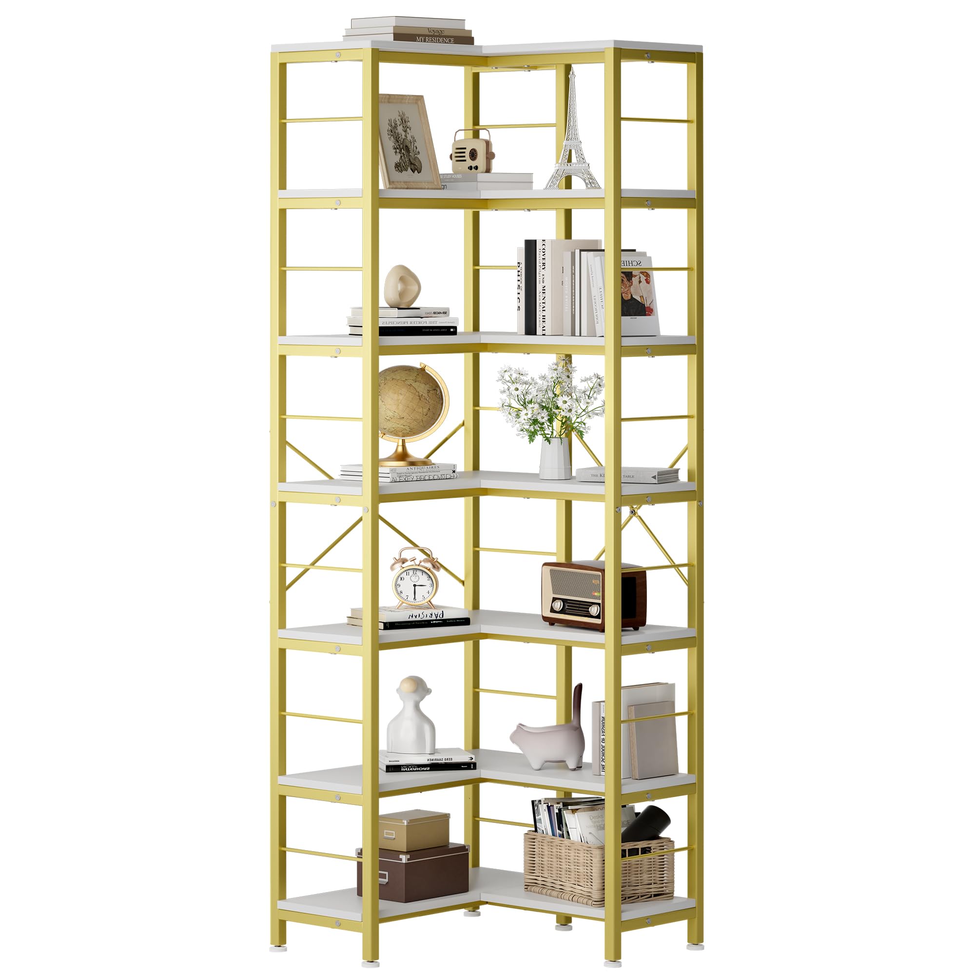7-Tier Corner Bookshelf, 80" Tall Corner Bookcase,7-Shelf Industrial L-Shaped Coner Shelf with Metal Frame for Home Office,Living Room,Bed Room(Gold)