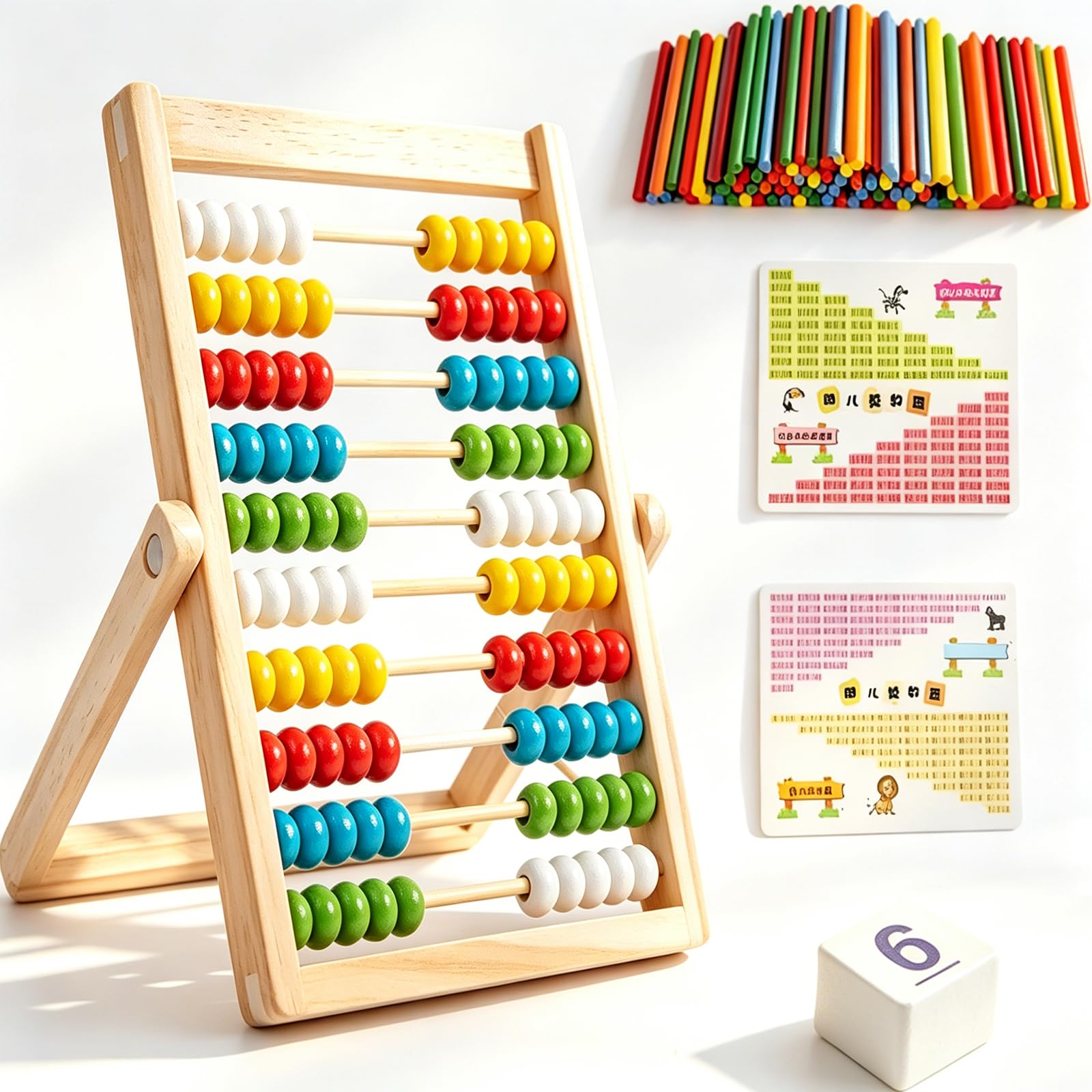 Abacus for Kids Set, Educational Counting Toys Set with 100 Counting Sticks, Formula Card, Number Symbol Cards & Maths Games for Children Ages 3-7, Portable Abacus for Home and School Learning