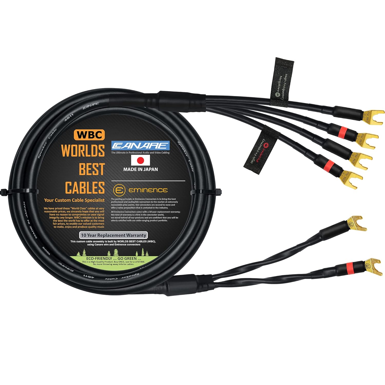 WORLDS BEST CABLES 6 Foot - Canare 4S11 – Audiophile Grade - HiFi Star-Quad Bi-Wire Single Speaker Cable for Center Channel with Eminence Gold Spade Connectors