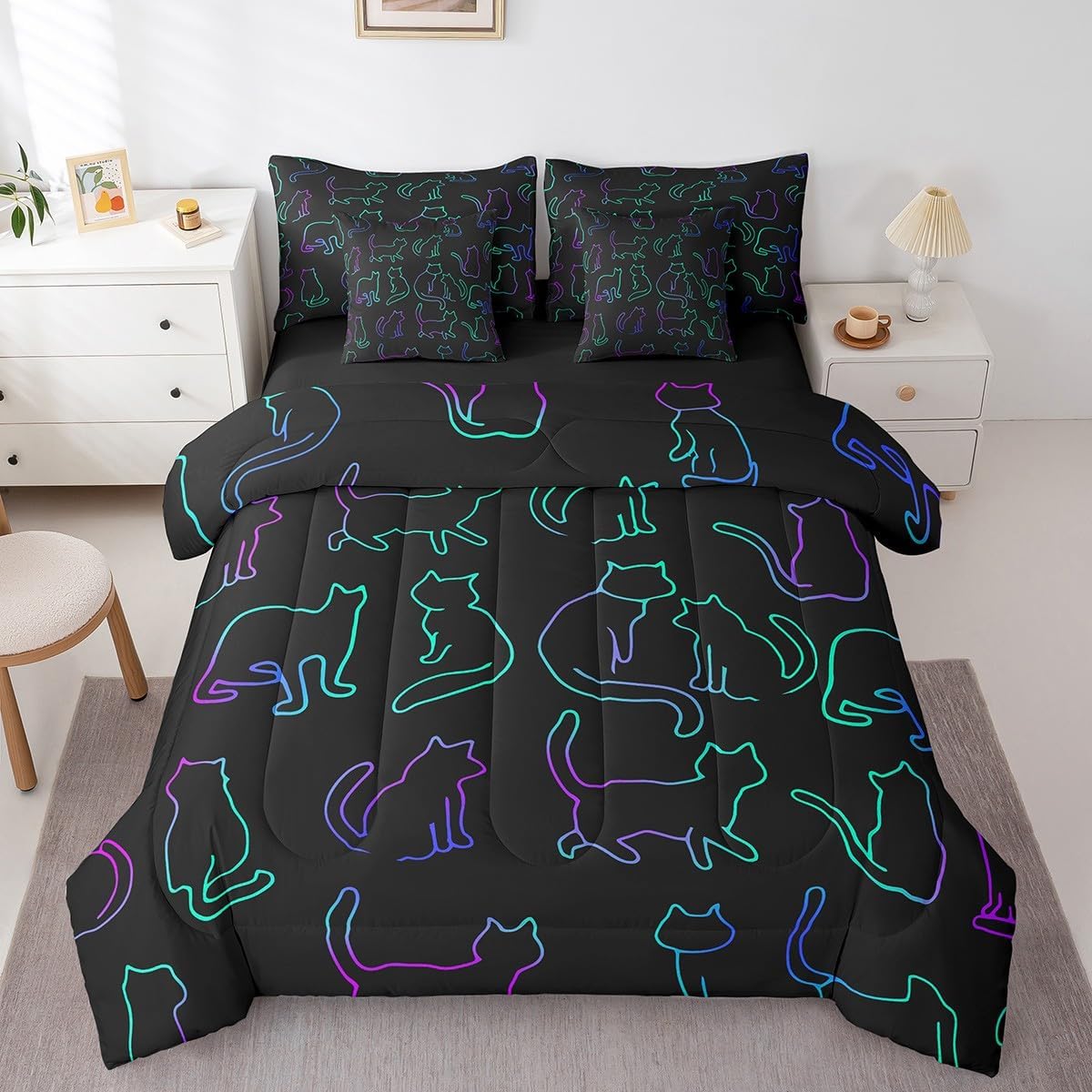 7-Piece Cute Cat Bedding Full Size Cartoon Animal Bed in a Bag, Kawaii Kitten Comforter Set for Kids Boys Girls Pet Themed Comforter, Fitted Sheet, Top Sheet, Pillowcases and Throw Pillow Covers, Pink