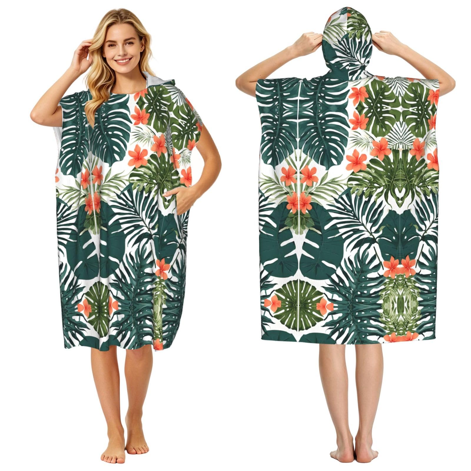 EZDLOWVBA Tropical Summer Hawaiian Flower Palm Leaves Print Hooded Poncho Microfiber Beach Towel,Adult Women & Men Changing Robe,Lightweight Summer Surf Swim Bath Poncho Towel