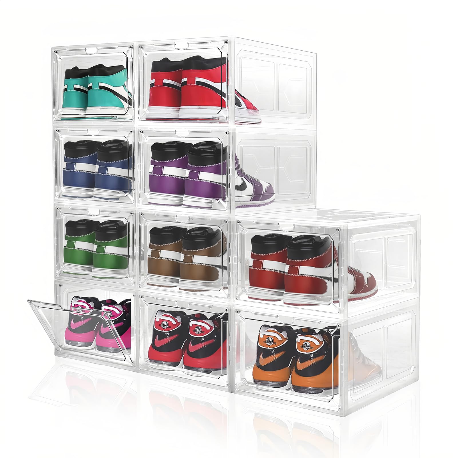 10 Pack Large Shoe Boxes Clear Plastic Stackable,Shoe Storage Organizer with Lids,Shoe Rack for Closet, Shoe Containers for Sneaker Storage, Shoe Display Case Fit up to US Size 12 (Clear, 10 pack)