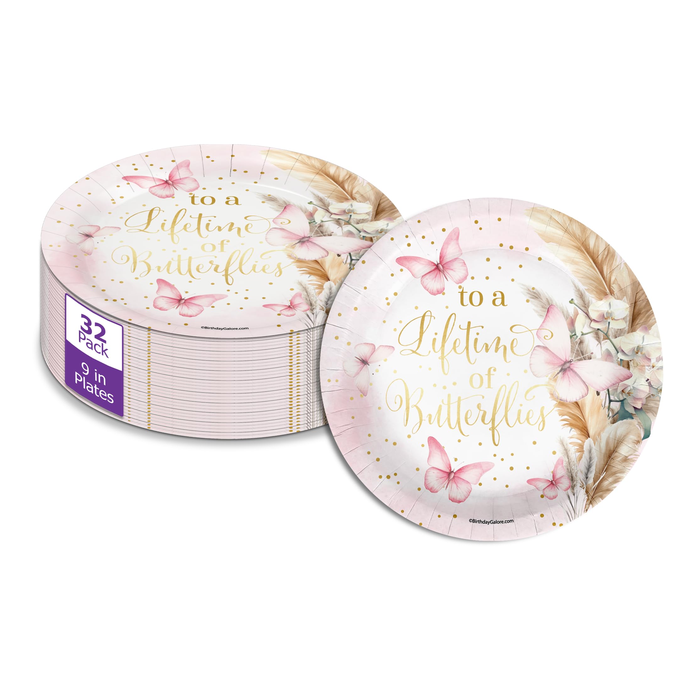 Birthday Galore Butterfly Bridal Shower - 32 Piece Disposable Party Supplies - Pink Floral Bridal Shower Decorations - Round Party Plates - Large 9"