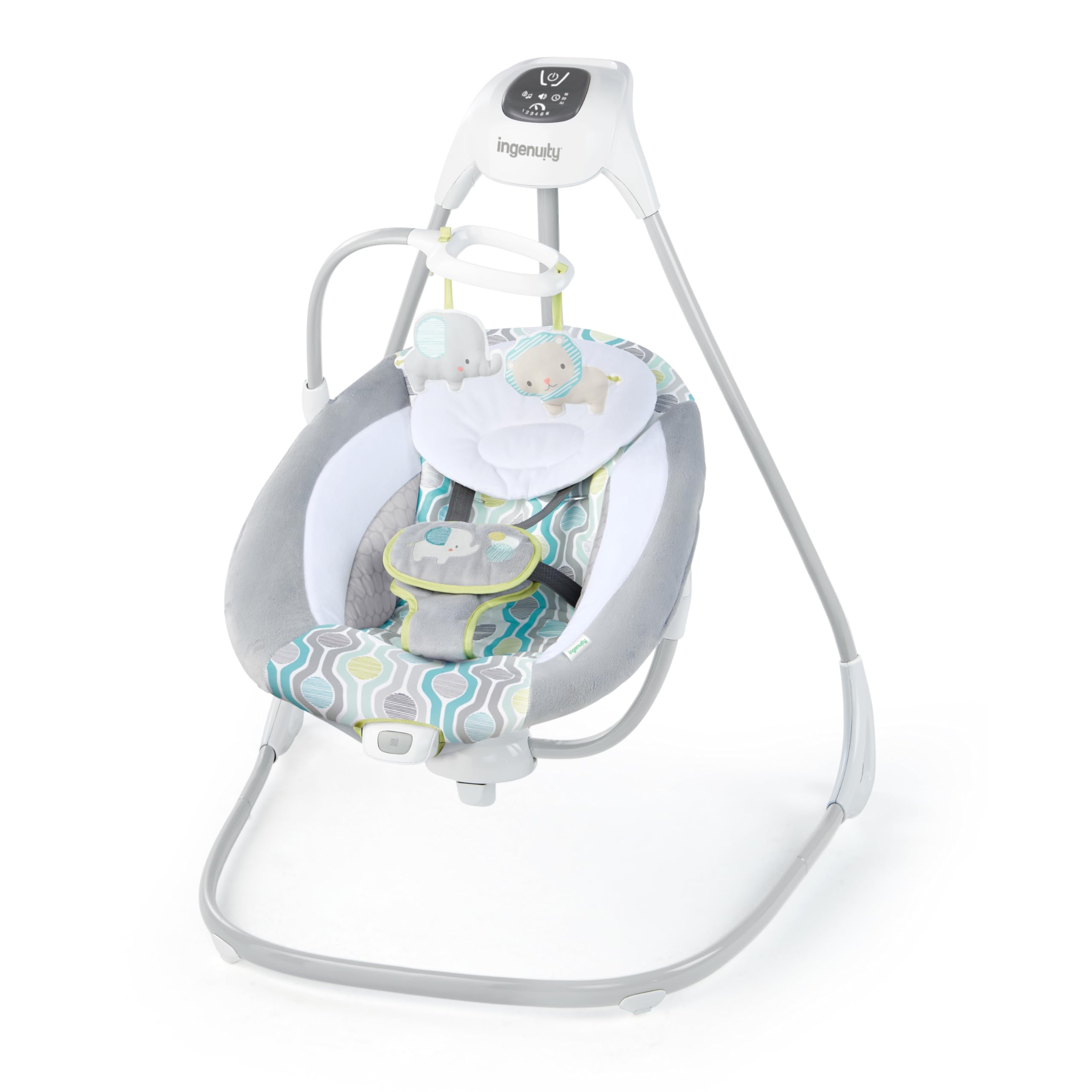 Altalena Alta Oscillante con Seduta Girevole Ingenuity, Altalena Simple Comfort Everston, Dondolino 2 direzioni con Giostrina Giochi, Melodie, Suoni Bianchi e Vibrazione, Maniglia trasporto e Ruote
