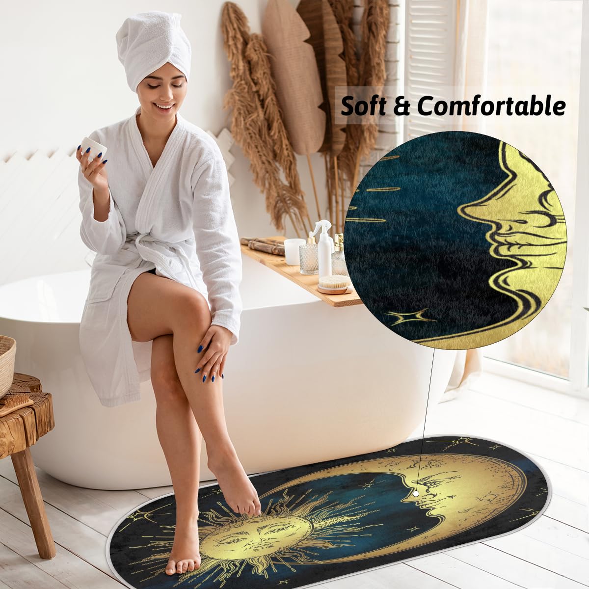 TropicalLife Antyczny boho słońce księżyc dywanik mata 50 x 120 cm, boho długie włosy pogrubiony obszar dywaniki do pokoju kuchni domu łazienki wewnątrz antypoślizgowa mata podłogowa dywaniki