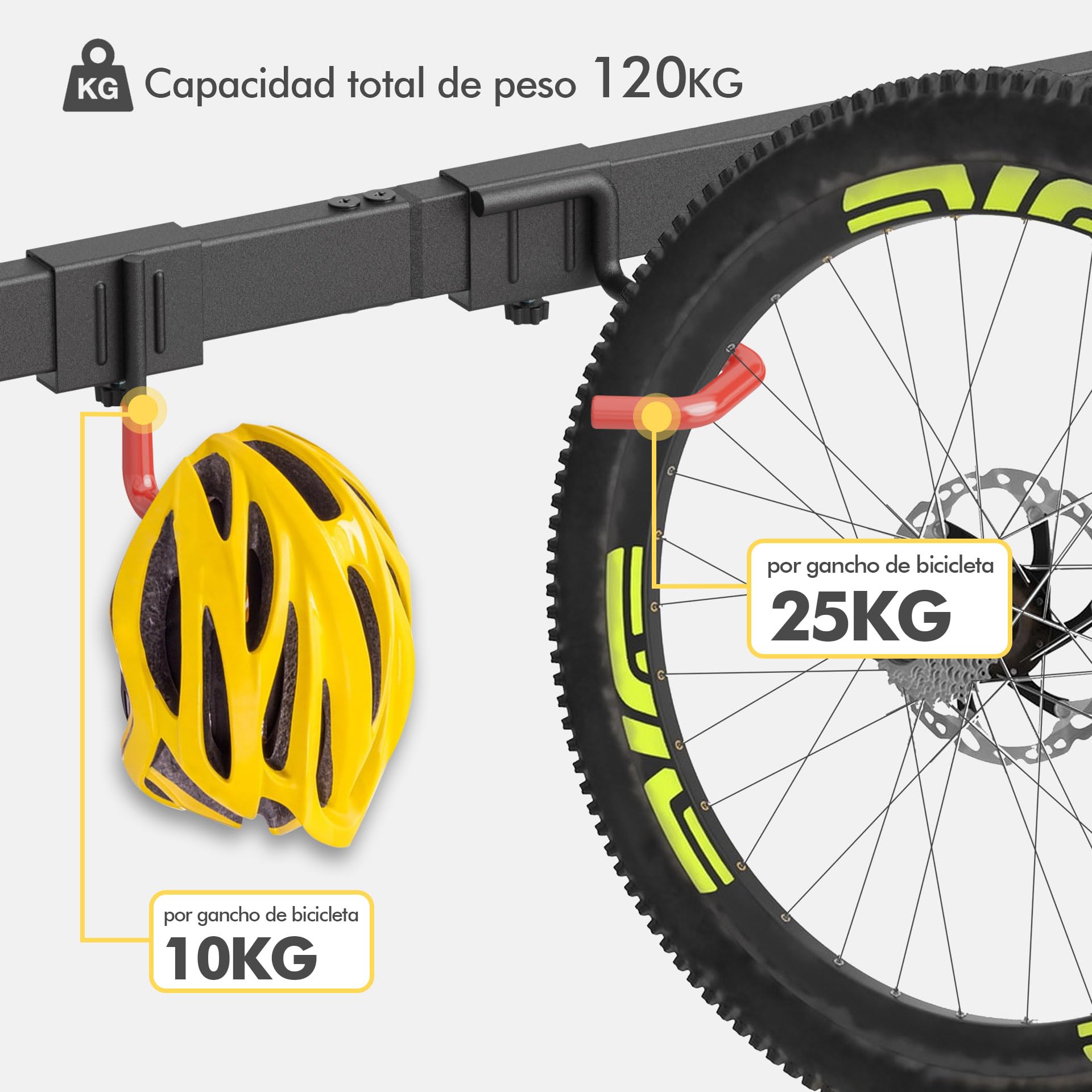 Mimoke Soporte de pared vertical para bicicleta | Adecuado para todas las bicicletas | Ganchos ajustables | Solución de organización para casa y garaje (para 4 bicicletas 2 ganchos para cascos)