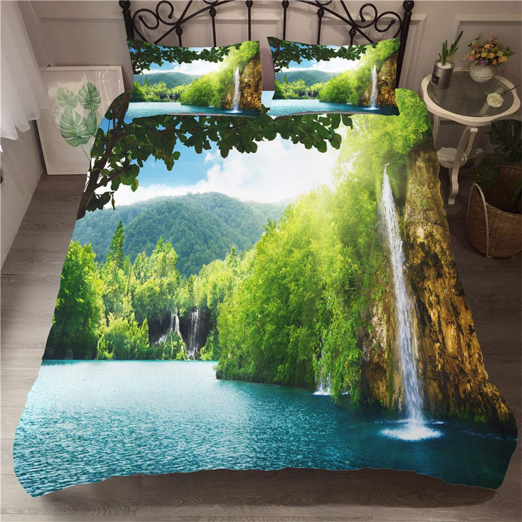 Copripiumino Matrimoniale 200x200 Con Federe Paesaggio Foresta E Cascata - Microfibra Morbida Con Cerniera