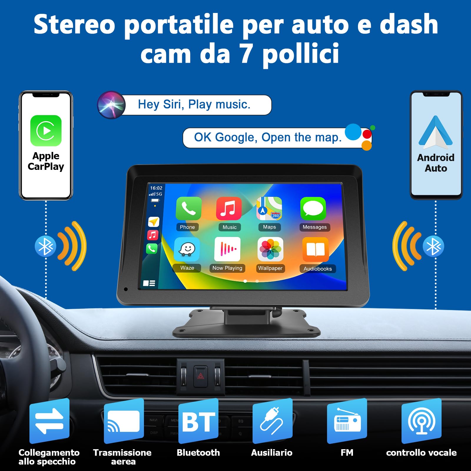 Podofo Wireless Carplay 7 Pollici Radio Portatile - Dettaglio