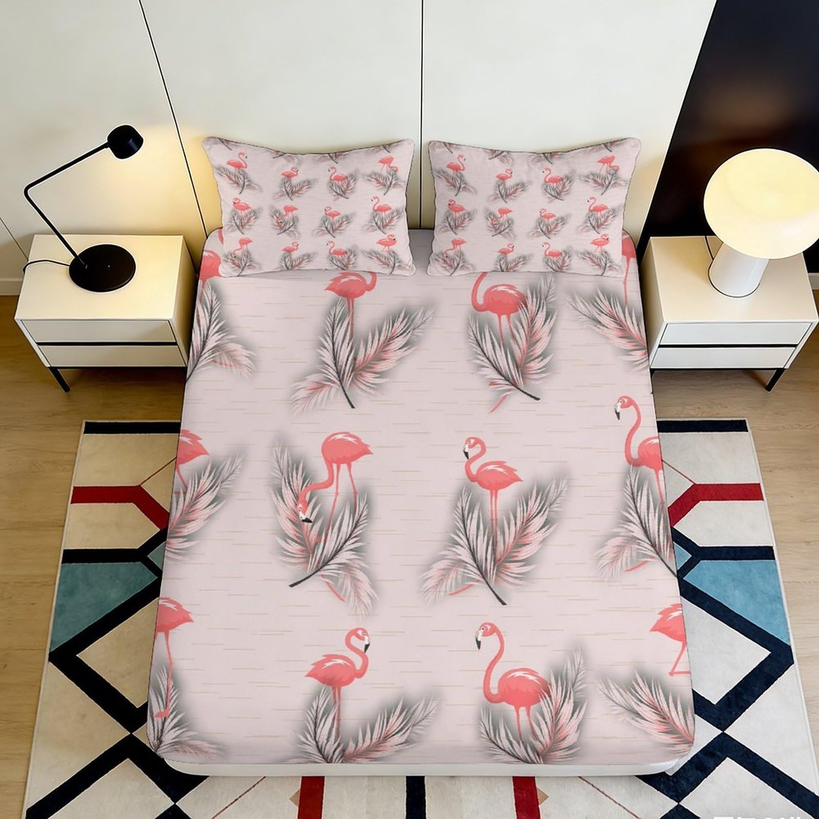 3D Printed Pink Flamingo Leaf Fitted Sheet Microfiber Soft Breathable Tropical Bed Cover for Bedroom Guest Room Decor 90x200x25cm